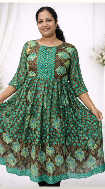 Green with Grey Brasso Silk Anarkali Long Kurti with Lining