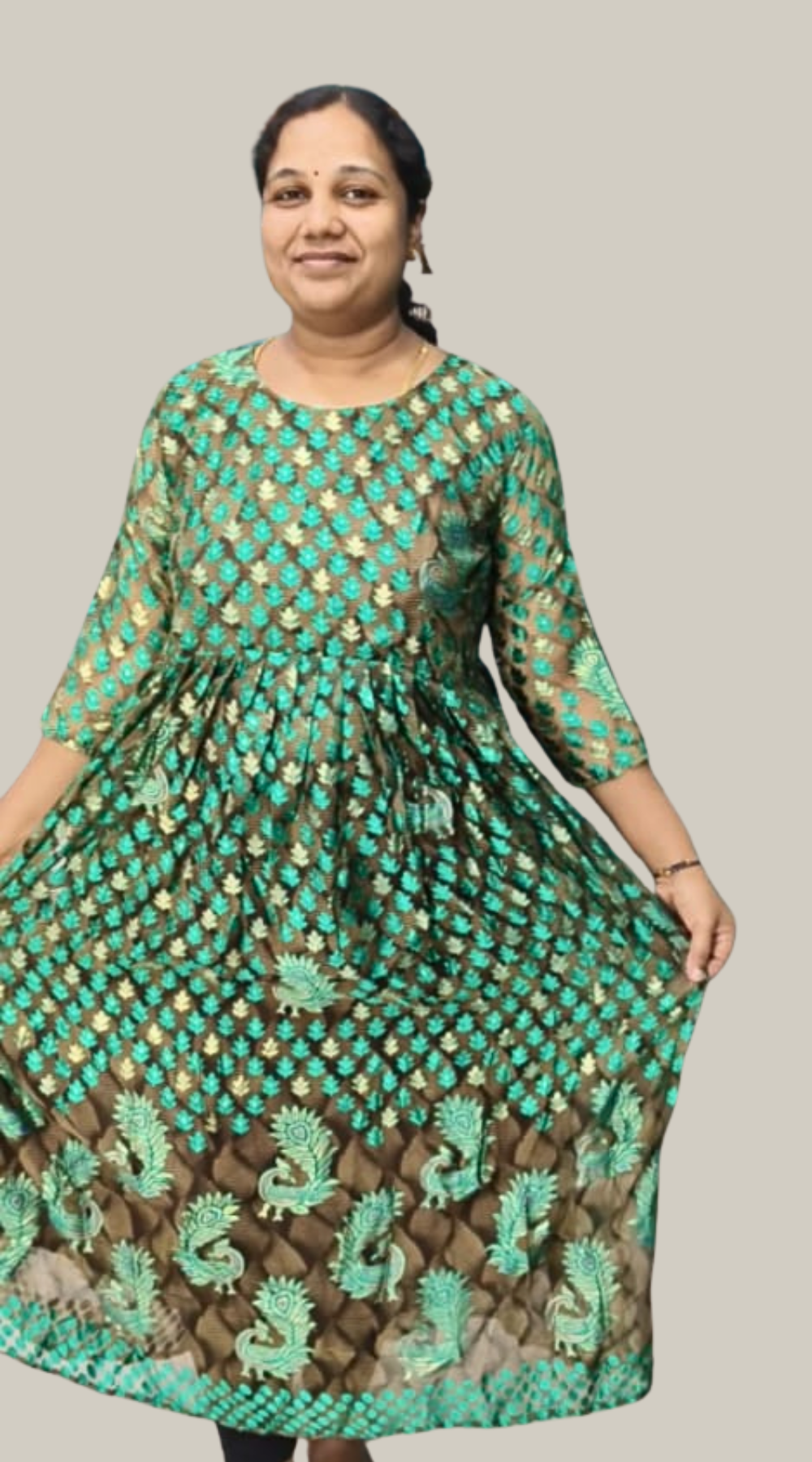 Green and Golden Brasso Silk Anarkali Long Kurti with Lining