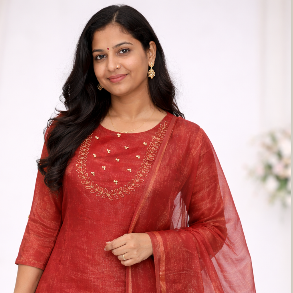 Maroon Hand work Embroidered Tissue Silk Kurti with Dupatta