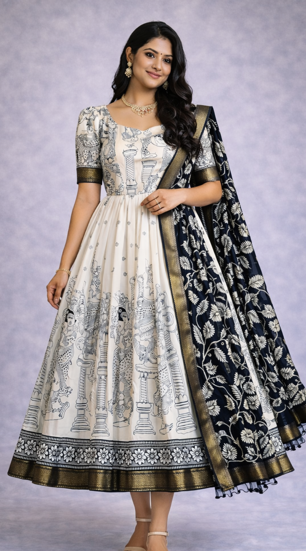 Dola Silk Kalamkari Print Puff Sleeve Gown with Dupatta Set