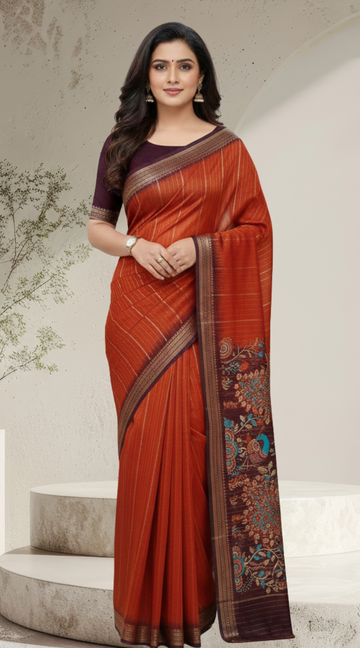 Rustic Orange Dola Silk Saree with Kalamkari Pallu and Bordered Blouse
