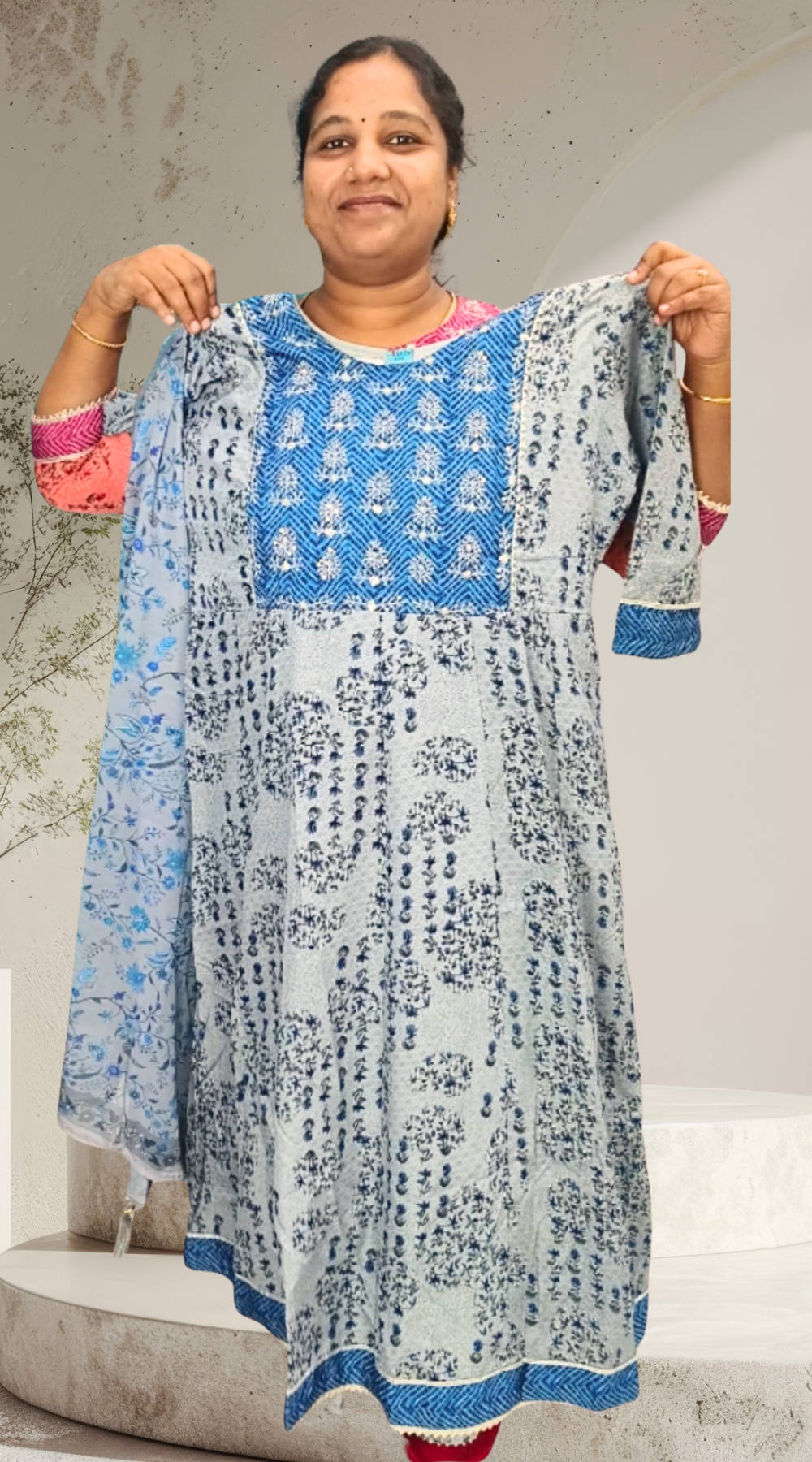 Blue shade Premium Silk Anarkali Kurti Set with Matching Dupatta