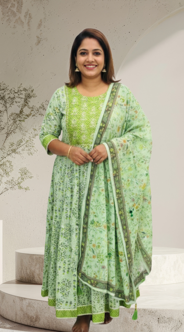 Leaf Green Premium Silk Anarkali Kurti with Matching Dupatta  Set