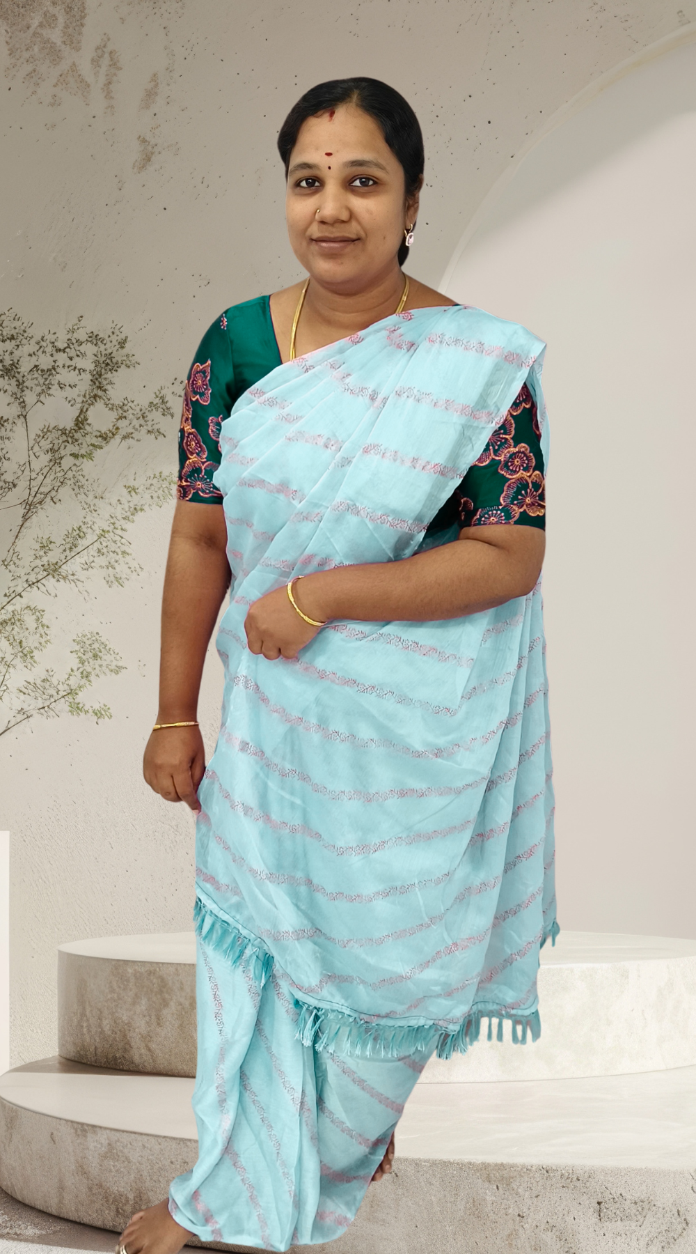 Sea Blue Chiffon Saree with Embroidered Blouse