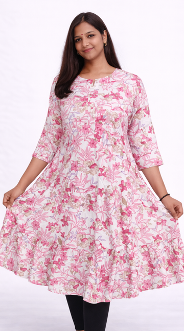 Popcorn Lightweight Umbrella Kurti for Women – Pink Floral Flared Casual Ethnic Wear