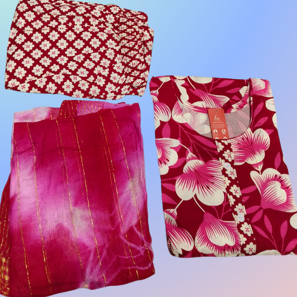 Reddish pink Elegant Silky Rayon 3 Piece Kurti Set With Dupatta