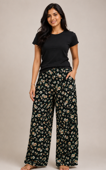 Black Premium Stretchable Printed Palazzo Pant for Women (free size)