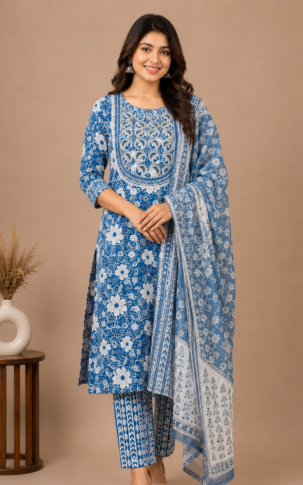 Premium Cotton 3-Piece Kurti Set for Women with Pant & Dupatta | Elegant Daily & Festive Wear