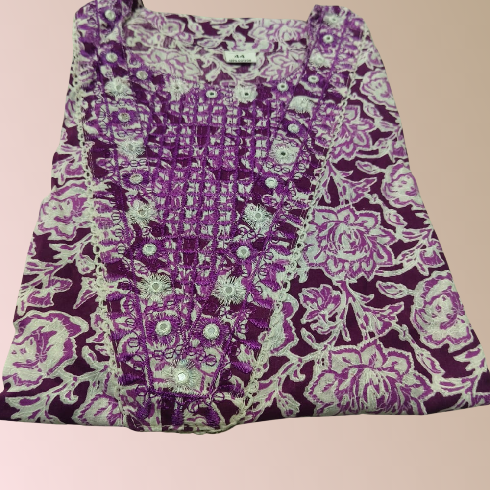Purple shade Premium Cotton 3-Piece Kurti Set for Women with Pant Dupatta