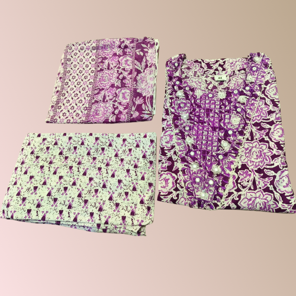 Purple shade Premium Cotton 3-Piece Kurti Set for Women with Pant Dupatta