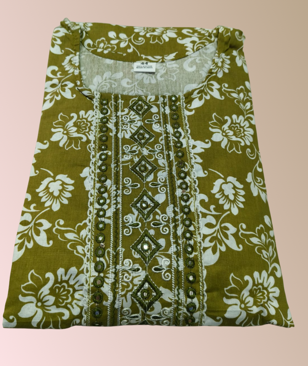 Olive Green Premium Cotton 3-Piece Kurti Set for Women with Pant & Dupatta
