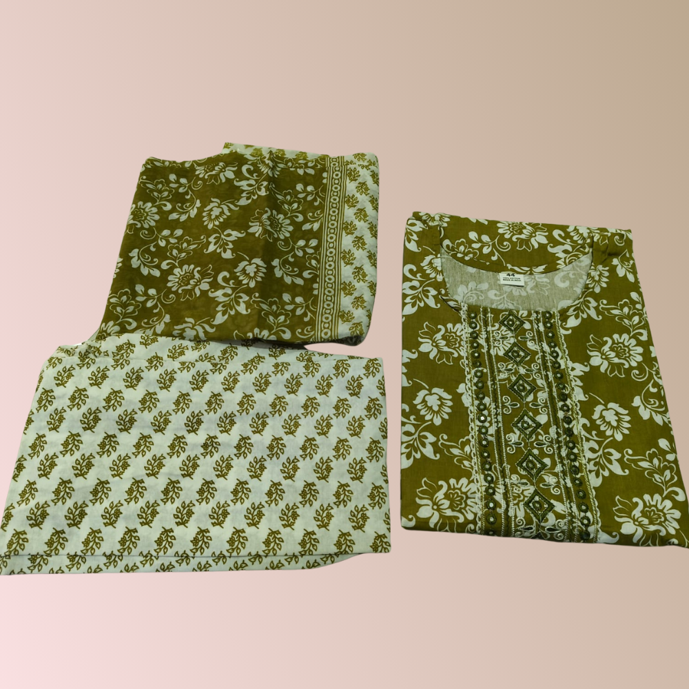 Olive Green Premium Cotton 3-Piece Kurti Set for Women with Pant & Dupatta