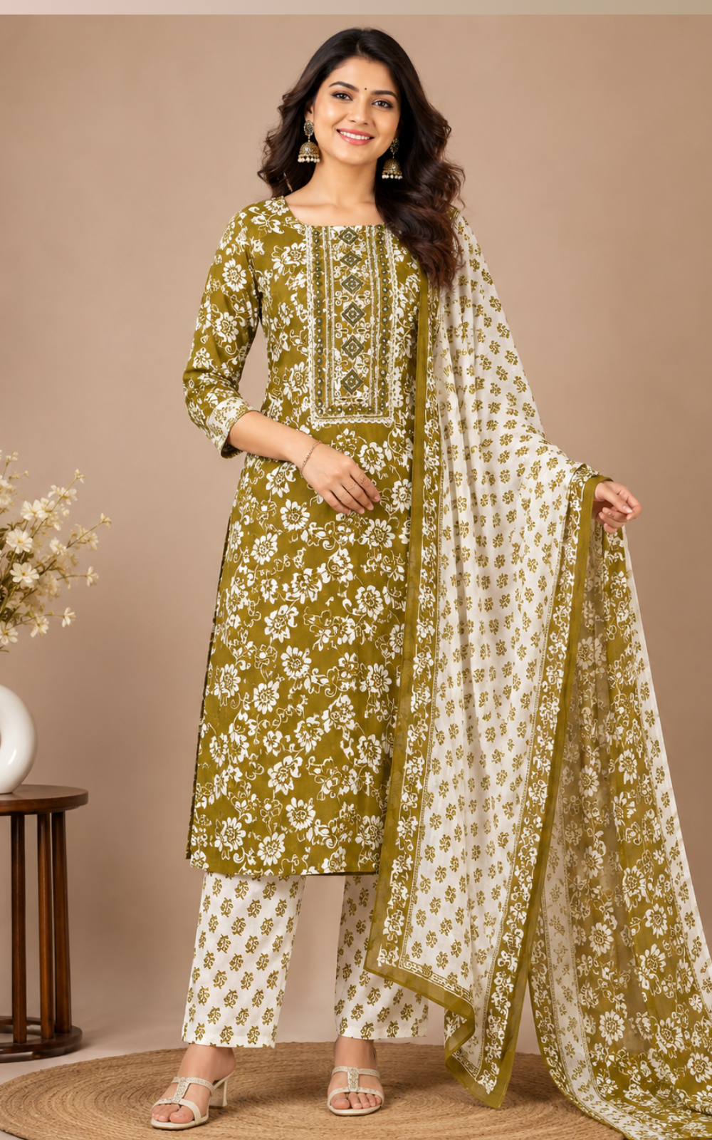 Olive Green Premium Cotton 3-Piece Kurti Set for Women with Pant & Dupatta