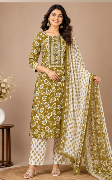 Olive Green Premium Cotton 3-Piece Kurti Set for Women with Pant & Dupatta