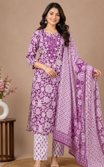 Purple shade Premium Cotton 3-Piece Kurti Set for Women with Pant Dupatta
