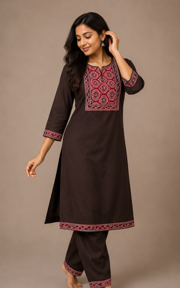 Brown Thick Cotton Blend Top Pant Set for Women | Stylish Casual & Office Wear Co-Ord Set