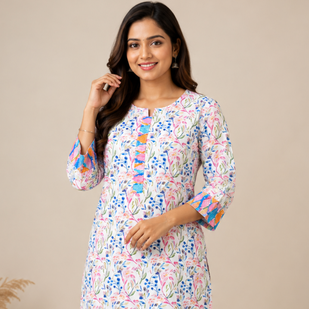 Women's Premium Hakoba Cotton Kurti with Soft Lining | Floral Embroidered Office Wear Kurti