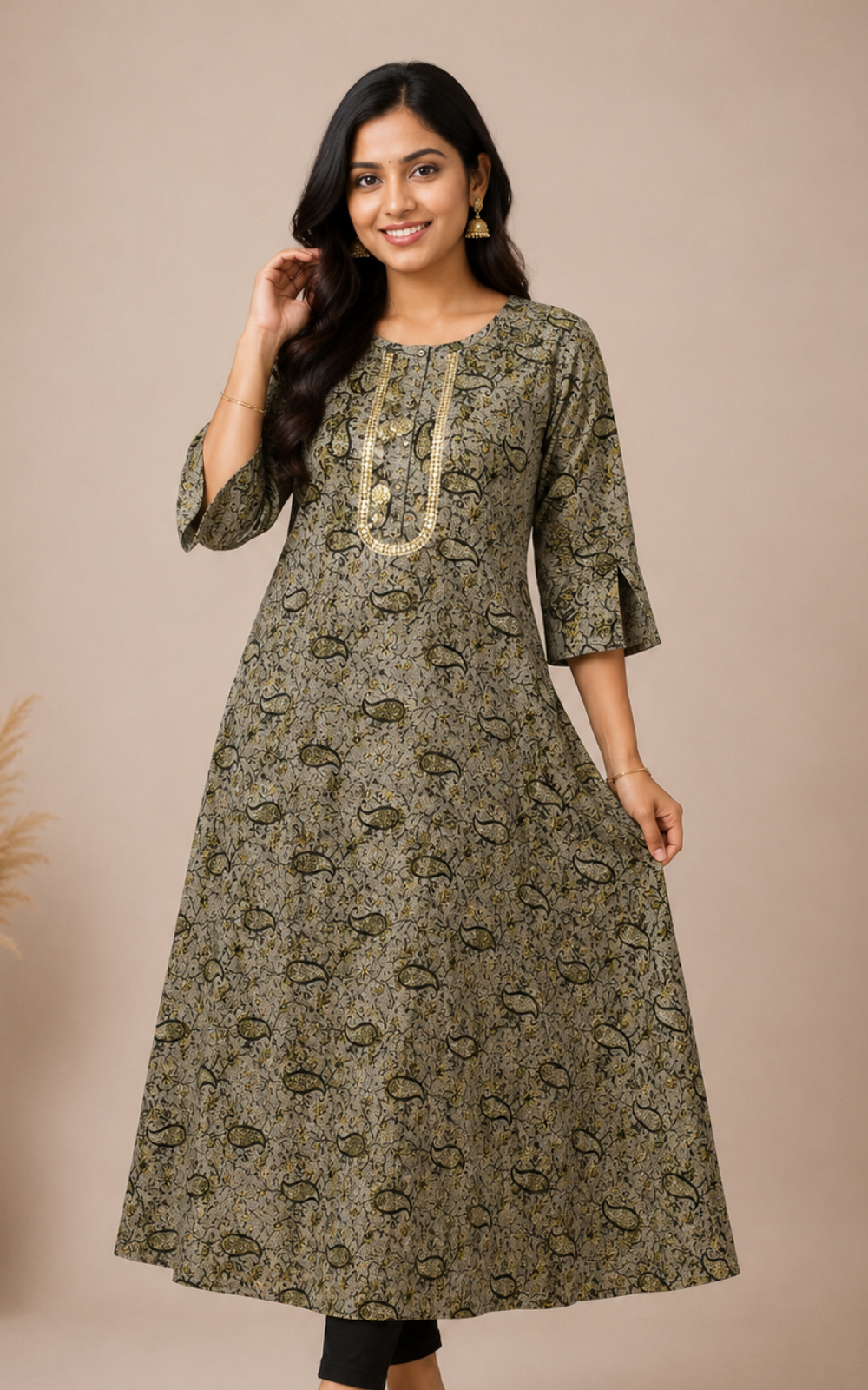 Women's Cotton Blend Long Kurti with Original Mirror Work | Flared Kurti