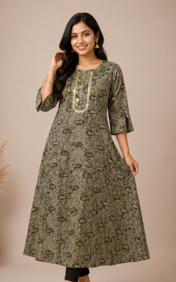 Women's Cotton Blend Long Kurti with Original Mirror Work | Flared Kurti