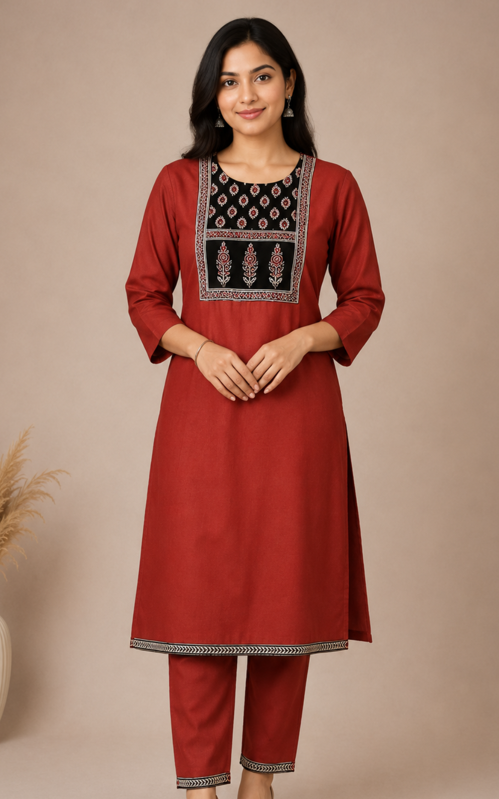 Maroon Thick Cotton Blend Top with Pant Set for Women | Co-Ord Set