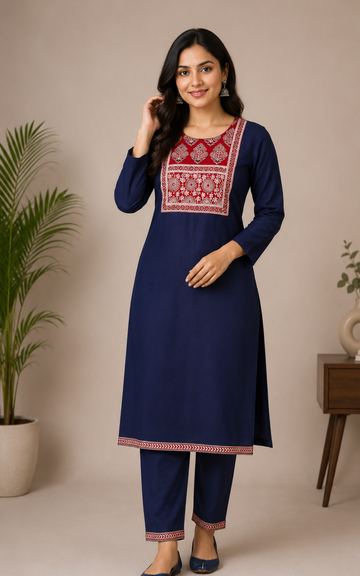 Deep Blue Thick Cotton Blend Top Pant Set for Women | Co-Ord Set