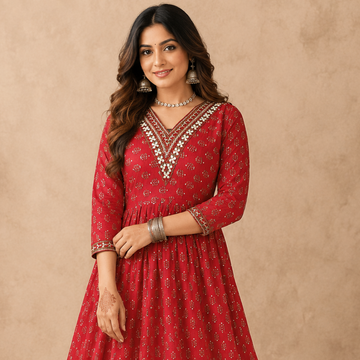 V-Neck Umbrella Cotton Silk Kurti for Women | Flared Ethnic Wear