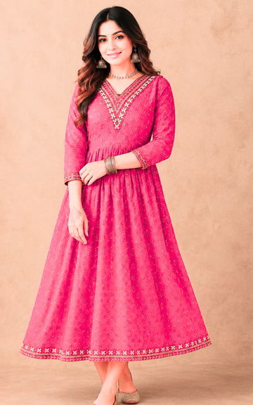 V-Neck Umbrella Cotton Silk Kurti for Women | Flared Ethnic Wear