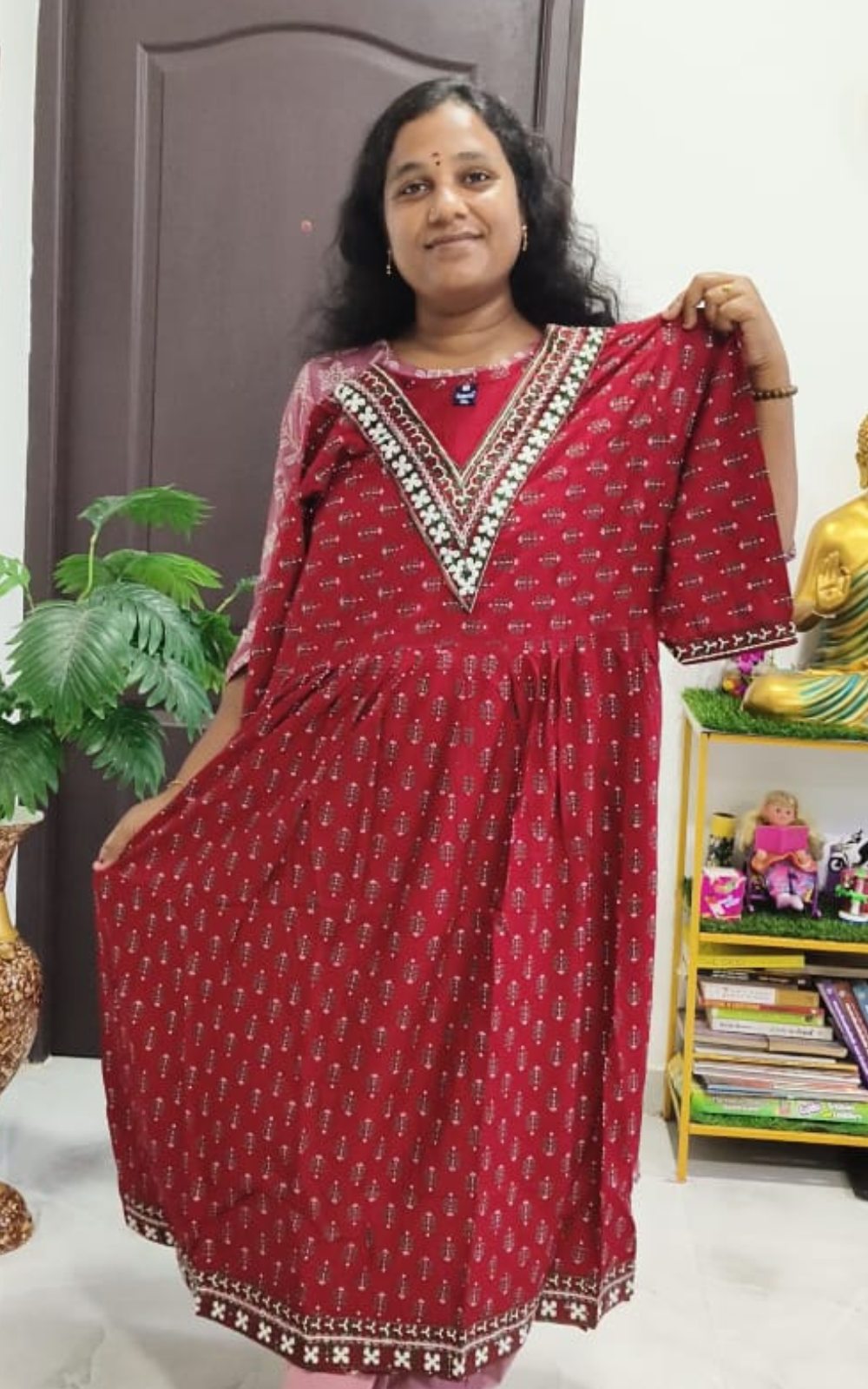 V-Neck Umbrella Cotton Silk Kurti for Women | Flared Ethnic Wear