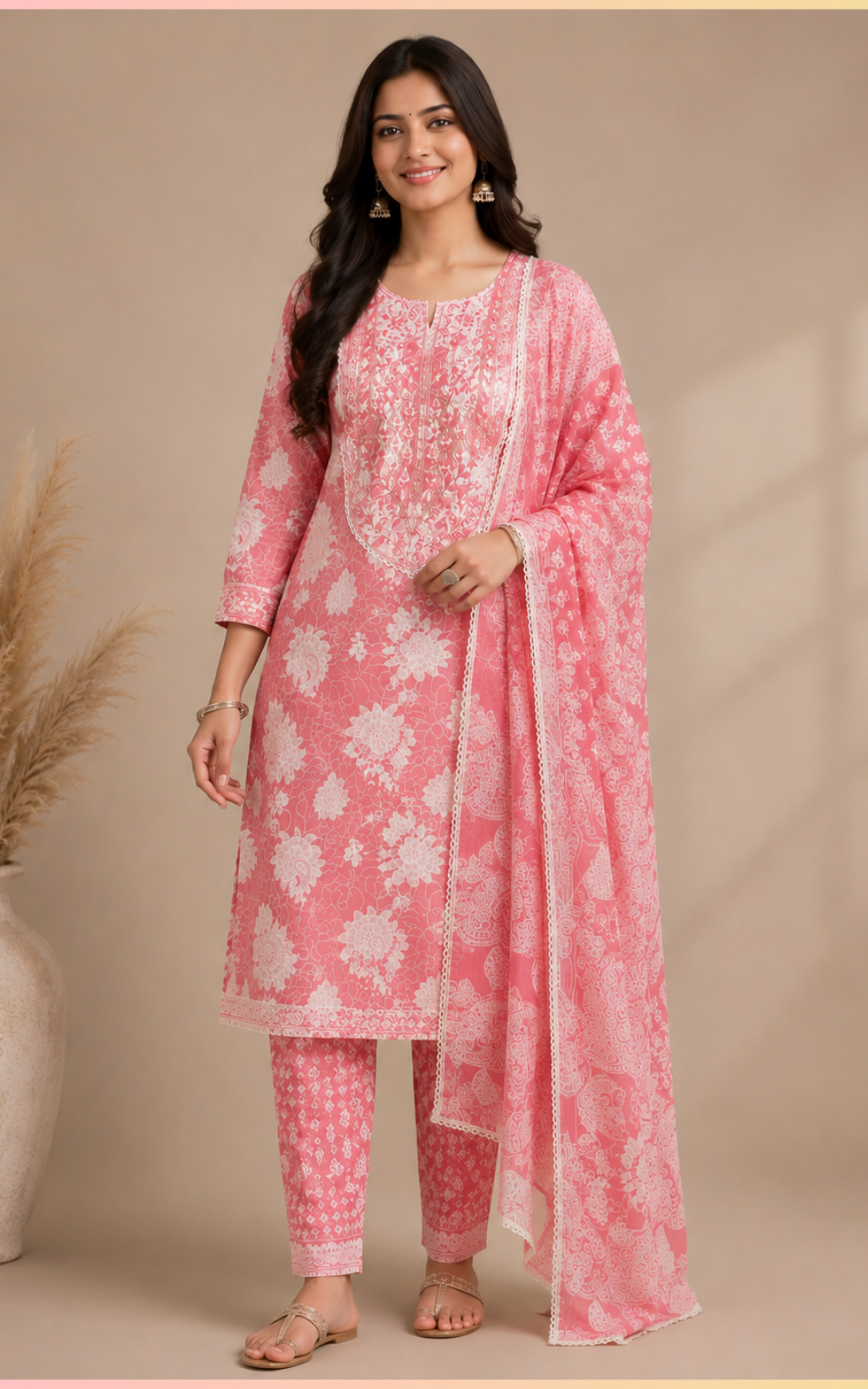 Pink Cotton 3 Piece Kurti Pant Set with Dupatta (plus size)