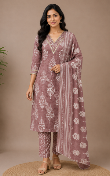 Brown shade Premium Cotton 3-Piece Kurti Set for Women with Pant Dupatta