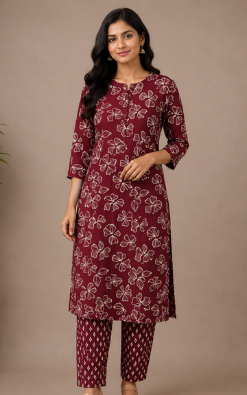 Maroon Women's Premium Printed Co-Ord Set | Stylish Top & Straight Pant Set