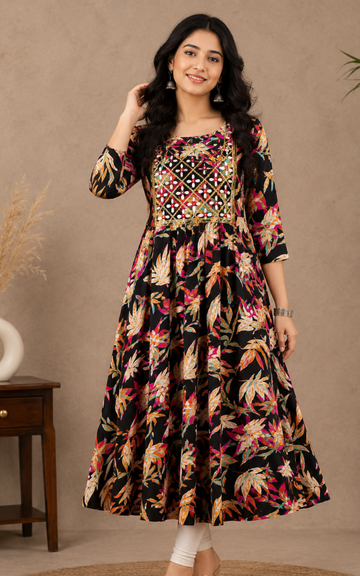 Premium Rayon Floral Umbrella Kurti for Women | Mirror Work Yoke | Stylish  Ethnic Kurti