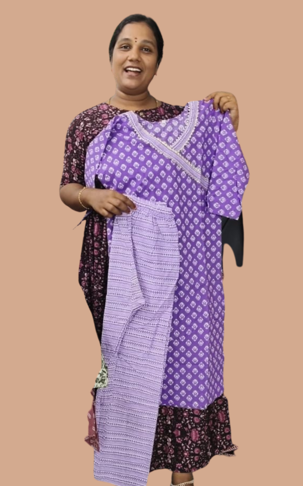 Cotton Floral Printed Kurti Set with Striped Bottom | Cotton Suit Set