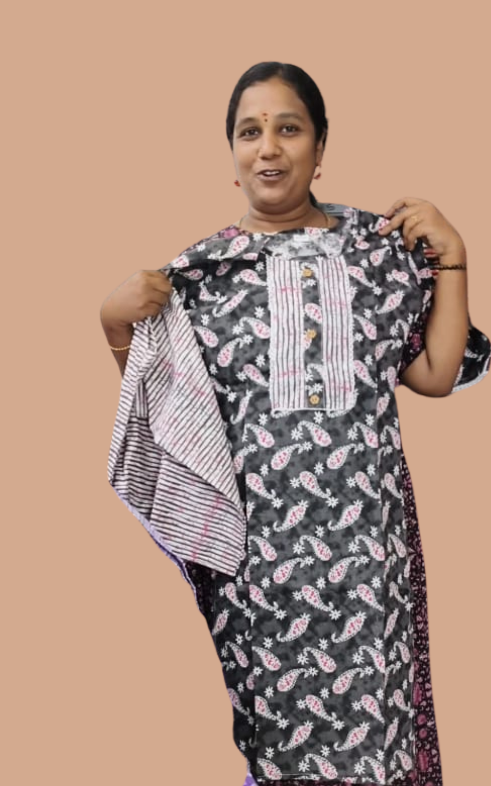 Cotton Floral Printed Kurti Set with Striped Bottom | Cotton Suit Set