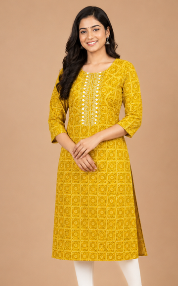 Premium Zora Mustard Yellow Embroidered Kurti for Women | Elegant Ethnic Wear