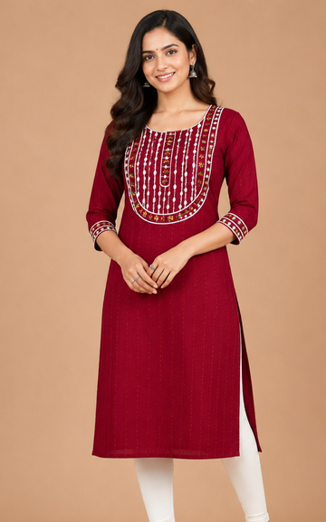 Premium Zora Maroon Embroidered Kurti for Women | Elegant Ethnic Wear