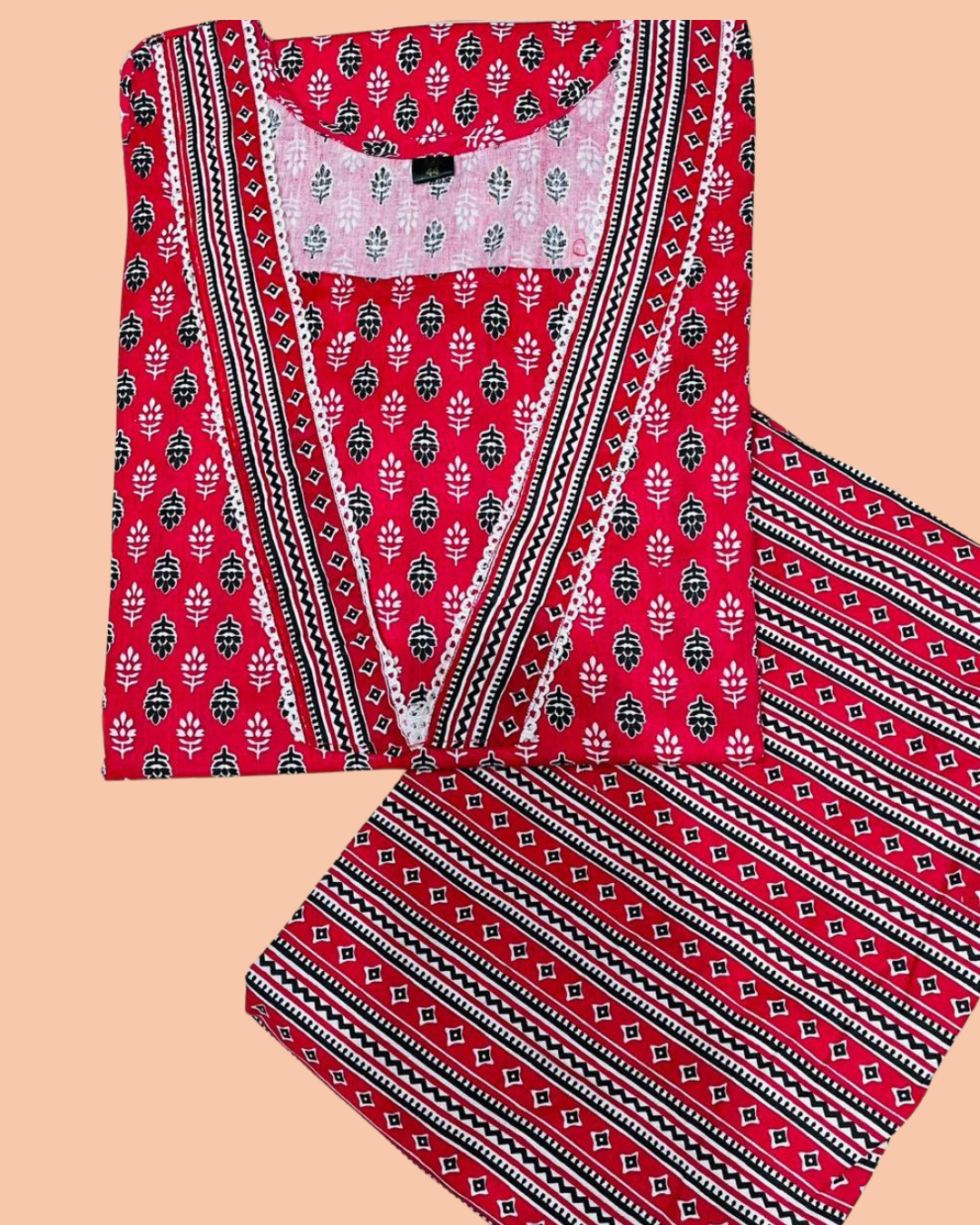 Red Women's Premium Printed Cotton Co-Ord Set | Stylish Top & Straight Pant Set
