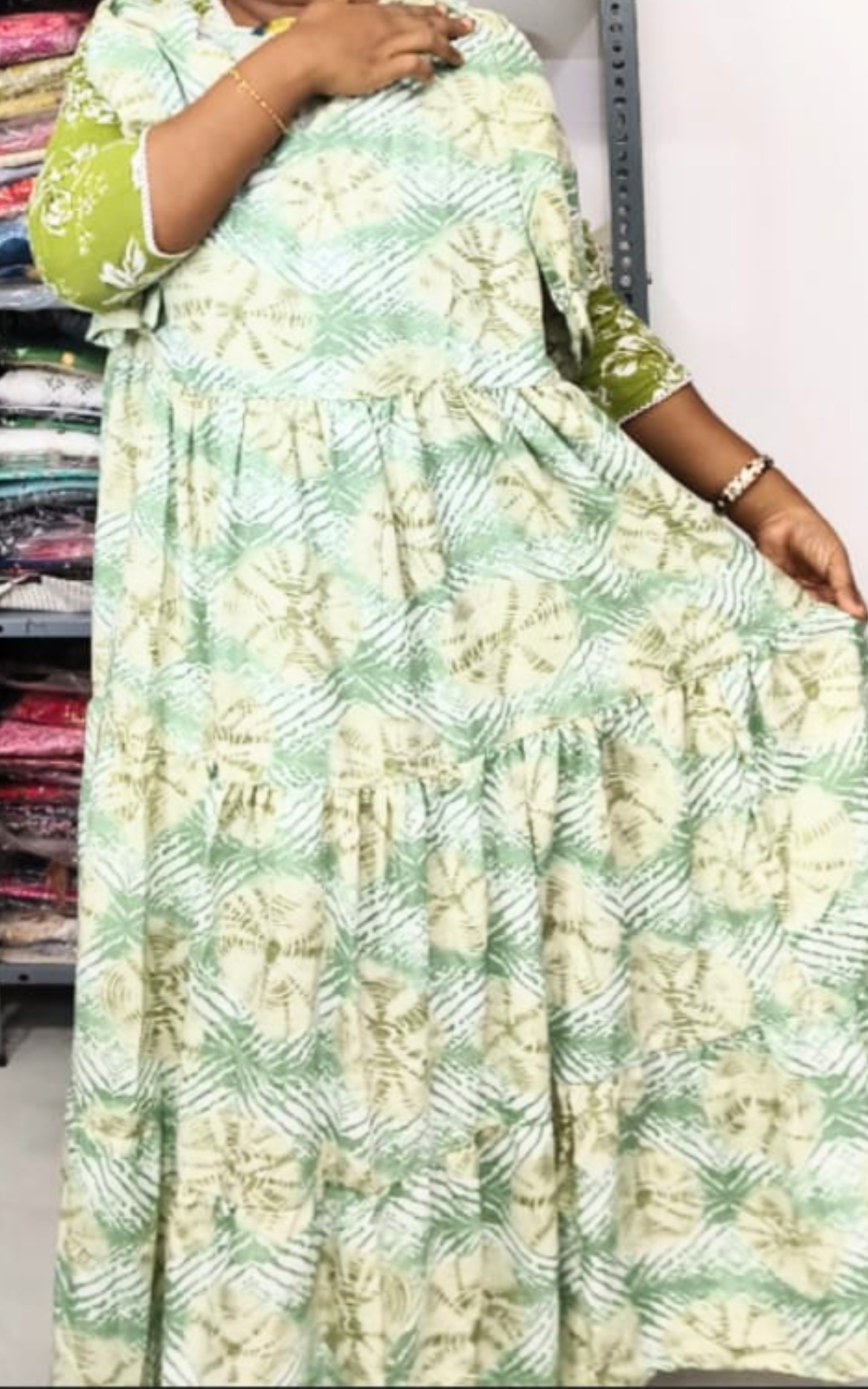Green Premium Rayon 3 Tier Long Maxi Gown | Puff Sleeve Long Dress for Women