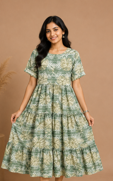 Green Premium Rayon 3 Tier Long Maxi Gown | Puff Sleeve Long Dress for Women