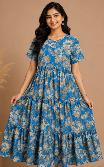 Blue Premium Rayon 3 Tier Long Maxi Gown | Puff Sleeve Long Dress for Women