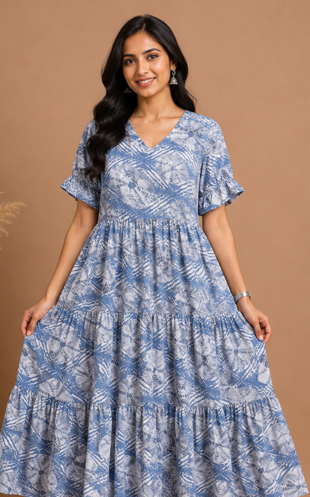 Light Blue Premium Rayon 3 Tier Long Maxi Gown | Puff Sleeve Long Dress with pocket