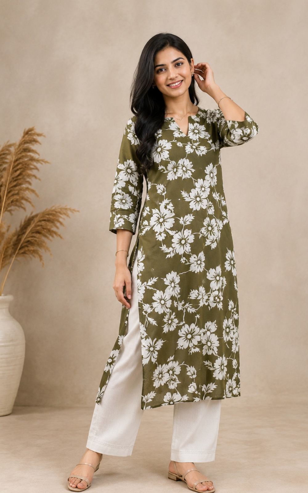 Olive Green Premium Avaasa Women's Side Cut Kurti | Trendy Neck | Office & Casual Wear