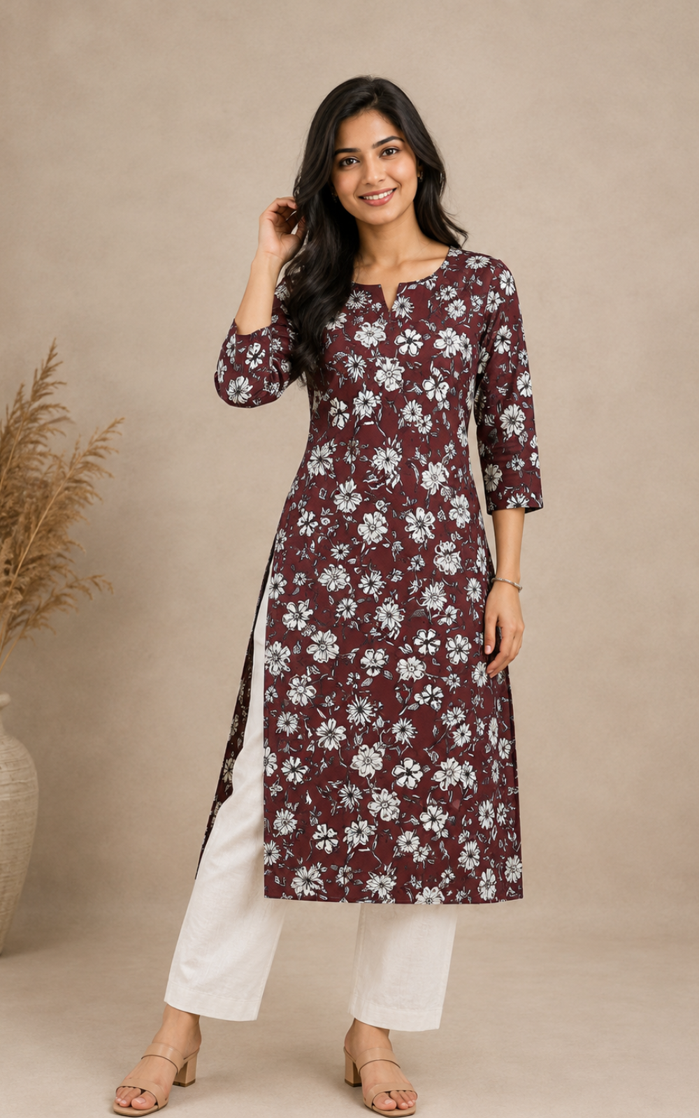 Maroon Premium Avaasa Women's Side Cut Kurti | Trendy Neck | Office & Casual Wear