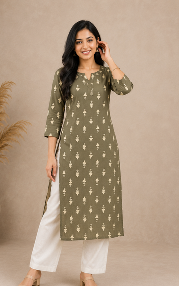 Olive green Premium Avaasa Women's Side Cut Kurti | Trendy Neck | Office & Casual Wear