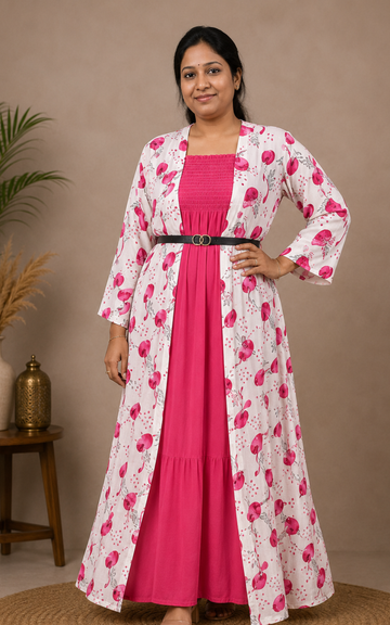 Women's Georgette Long Gown with Printed Overcoat & Hip Belt | Stretchable Free Size (S to L)