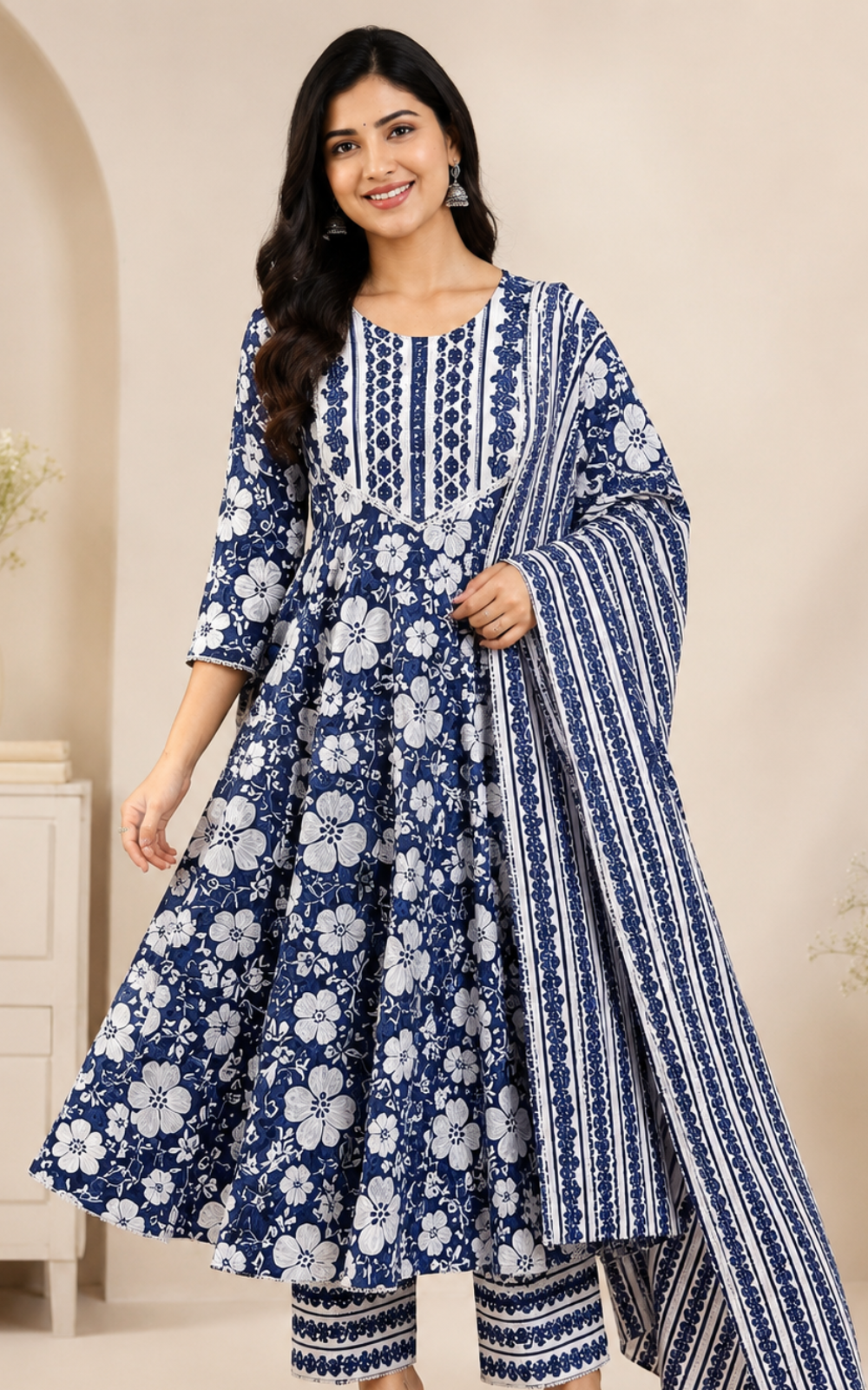 Blue shade Premium Cotton Floral Umbrella Kurti 3-Piece Set with Pant & Dupatta