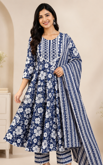 Blue shade Premium Cotton Floral Umbrella Kurti 3-Piece Set with Pant & Dupatta