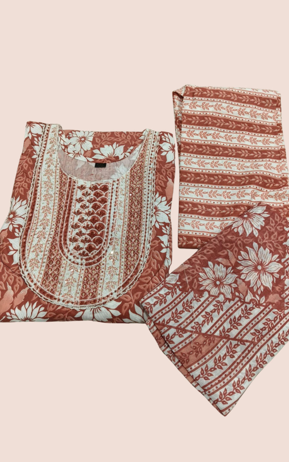 Brown shade Premium Cotton Floral Umbrella Kurti 3-Piece Set with Pant & Dupatta