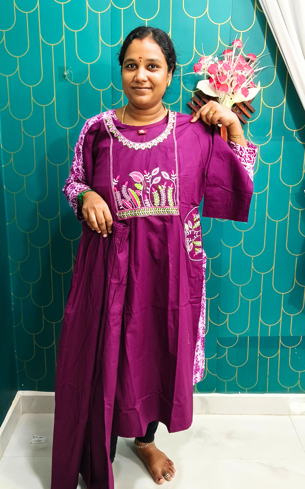 Wine Premium Dhabu Cotton Floral Embroidered Kurti with Palazzo Co-ord Set  🌸