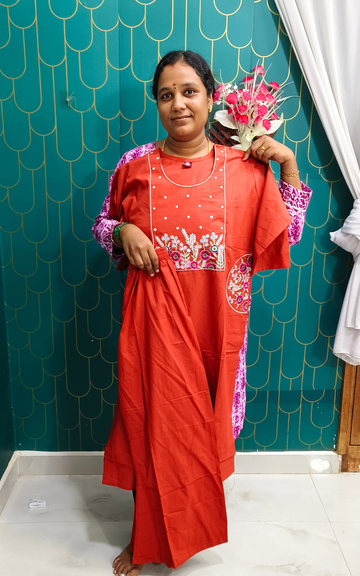 Premium Dhabu Cotton Floral Embroidered Kurti with Palazzo Co-ord Set – Rust Orange🌸